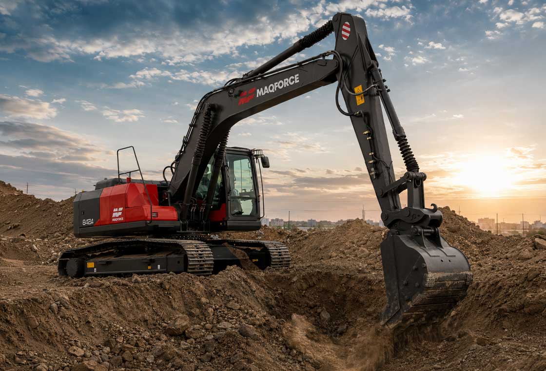 Miniexcavadora MAQFORCE trabajando en una excavaci&oacute;n urbana