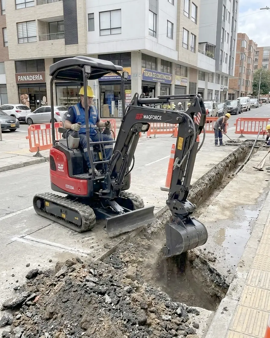 Miniexcavadora MAQFORCE trabajando en una obra urbana